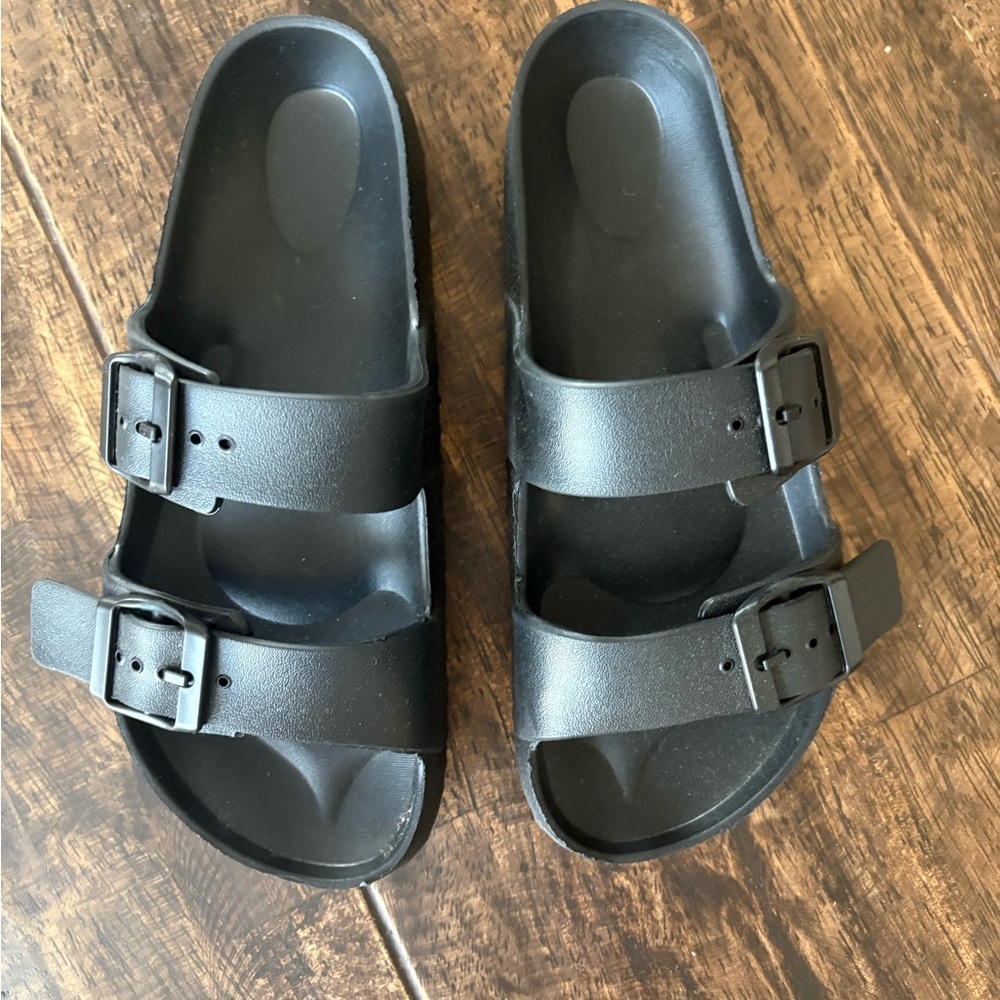 Black Double Strap Slide Sandals